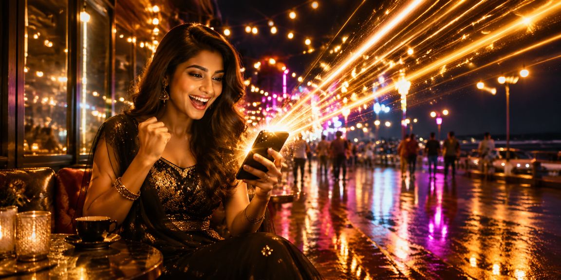 Chennai Marina Beach at night with mobile casino vibrant theme